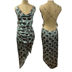 HANEY Silk Cowl Slip Dress Holly Art Noveau 4 100% Medallion Blue Peacock Boho